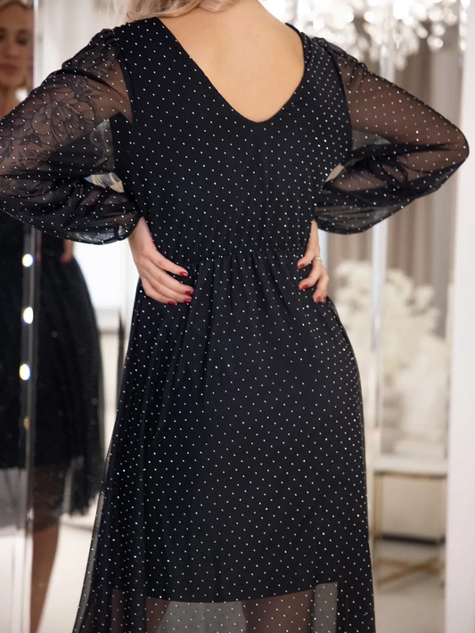 Elegancka zwiewna sukienka midi z transparentnym dołem Rossella