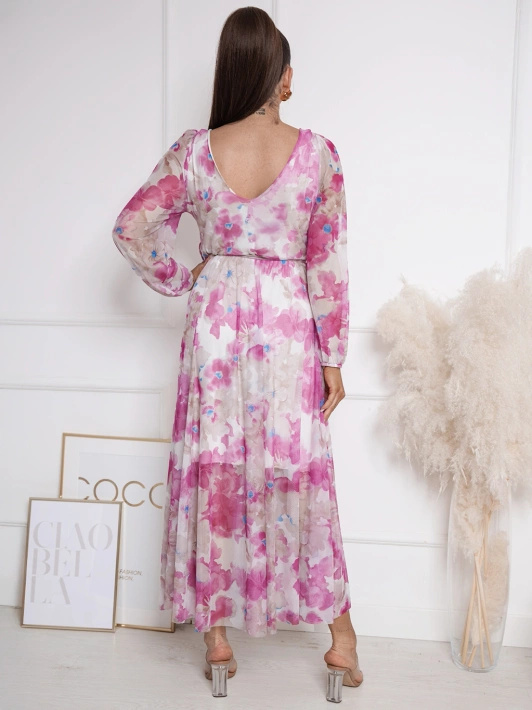 Długa wzorzysta sukienka z dekoltem na plecach Georgina