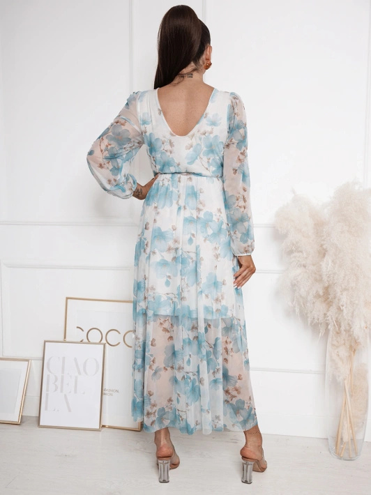 Długa wzorzysta sukienka z dekoltem na plecach Georgina