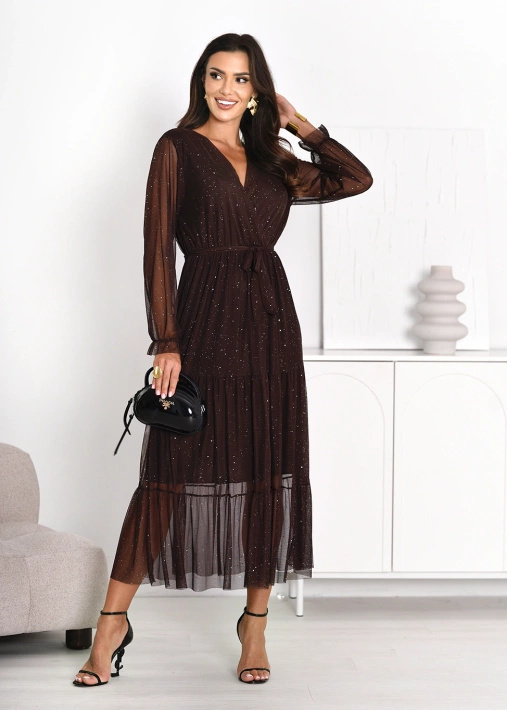 Długa połyskująca sukienka z transparentnym dołem Glow