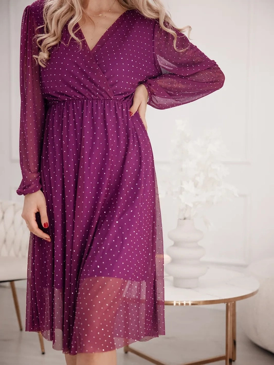 Elegancka zwiewna sukienka midi z transparentnym dołem Rossella