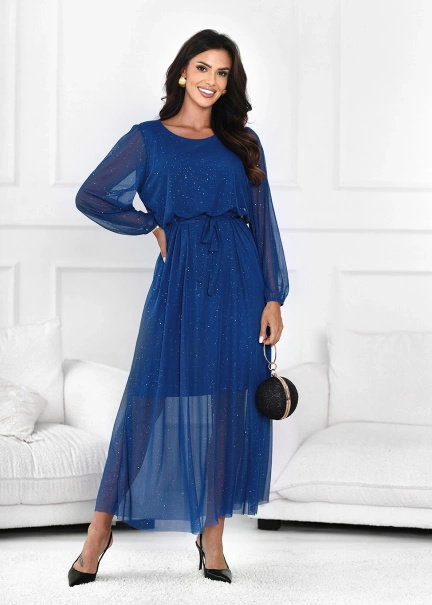 Długa połyskująca sukienka z transparentnym dołem Laona