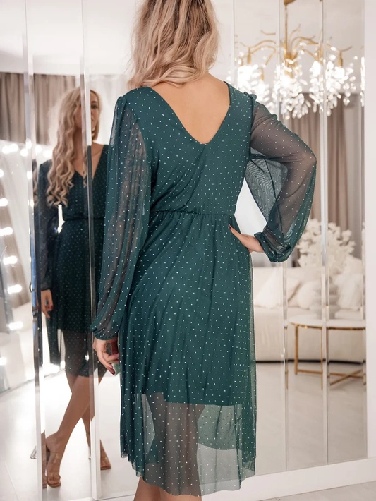 Elegancka zwiewna sukienka midi z transparentnym dołem Rossella