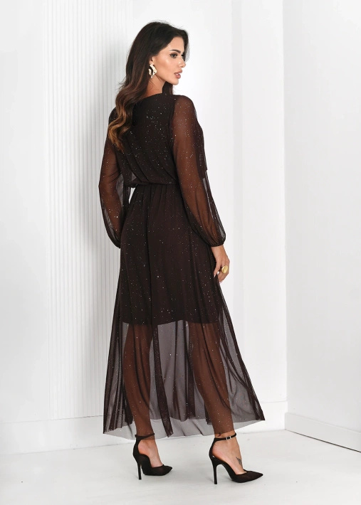 Długa połyskująca sukienka z transparentnym dołem Laona