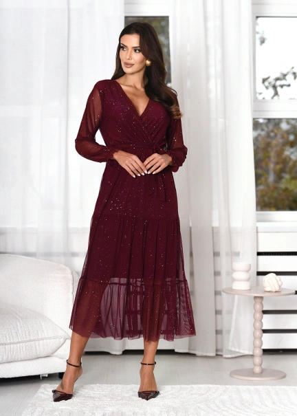 Długa połyskująca sukienka z transparentnym dołem Glow