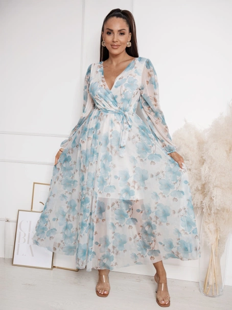 Długa wzorzysta sukienka z dekoltem na plecach Georgina