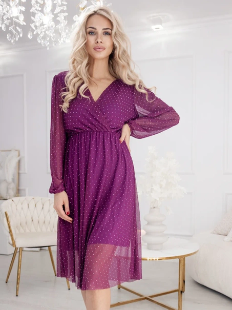 Elegancka zwiewna sukienka midi z transparentnym dołem Rossella