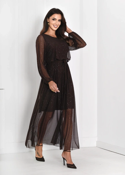 Długa połyskująca sukienka z transparentnym dołem Laona