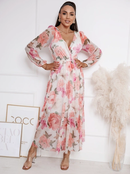 Długa wzorzysta sukienka z dekoltem na plecach Georgina