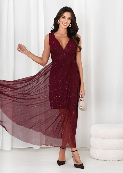 Długa brokatowa sukienka z transparentnym dołem Nora